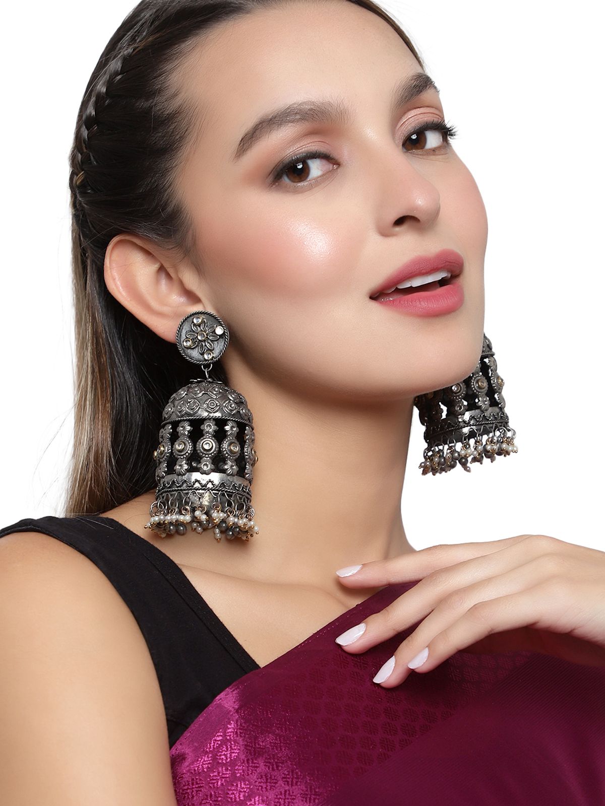 Cardinal Oxidized Metallic Color Light Weight Jhumka Earrings