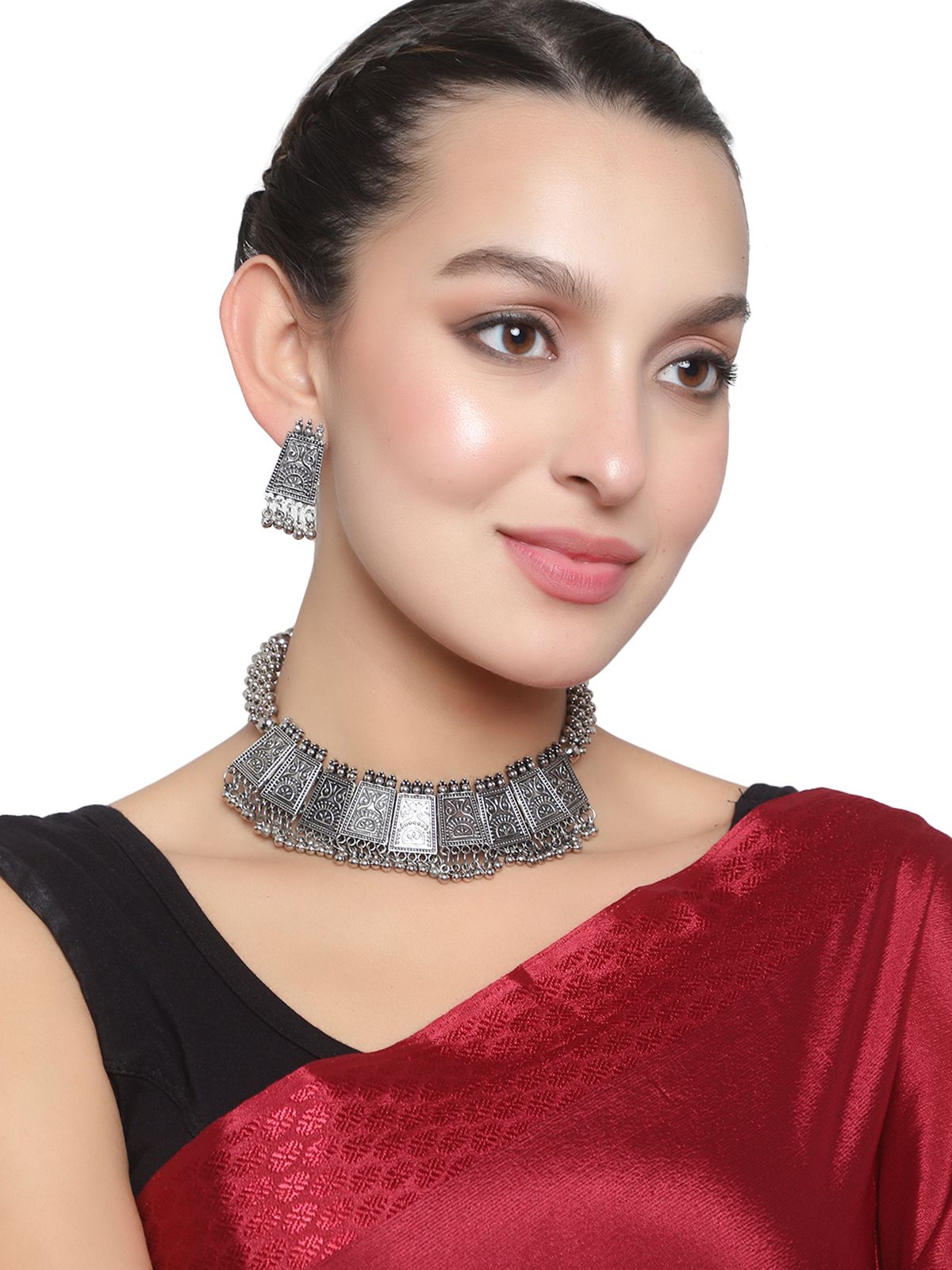 Cardinal Oxidized Silver Color Choker Necklace Set