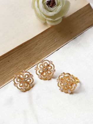 Cardinal Gold Plated Ring & Earrings Gold Plated White Stone American Diamond