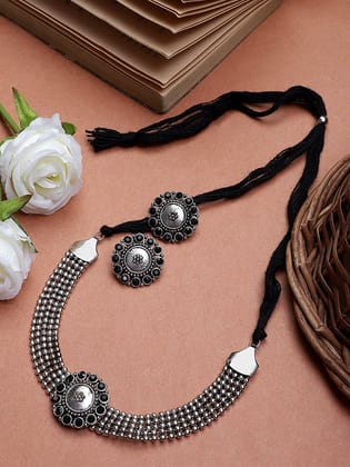 Cardinal Oxidized Silver Color Black Stone Choker Necklace Set