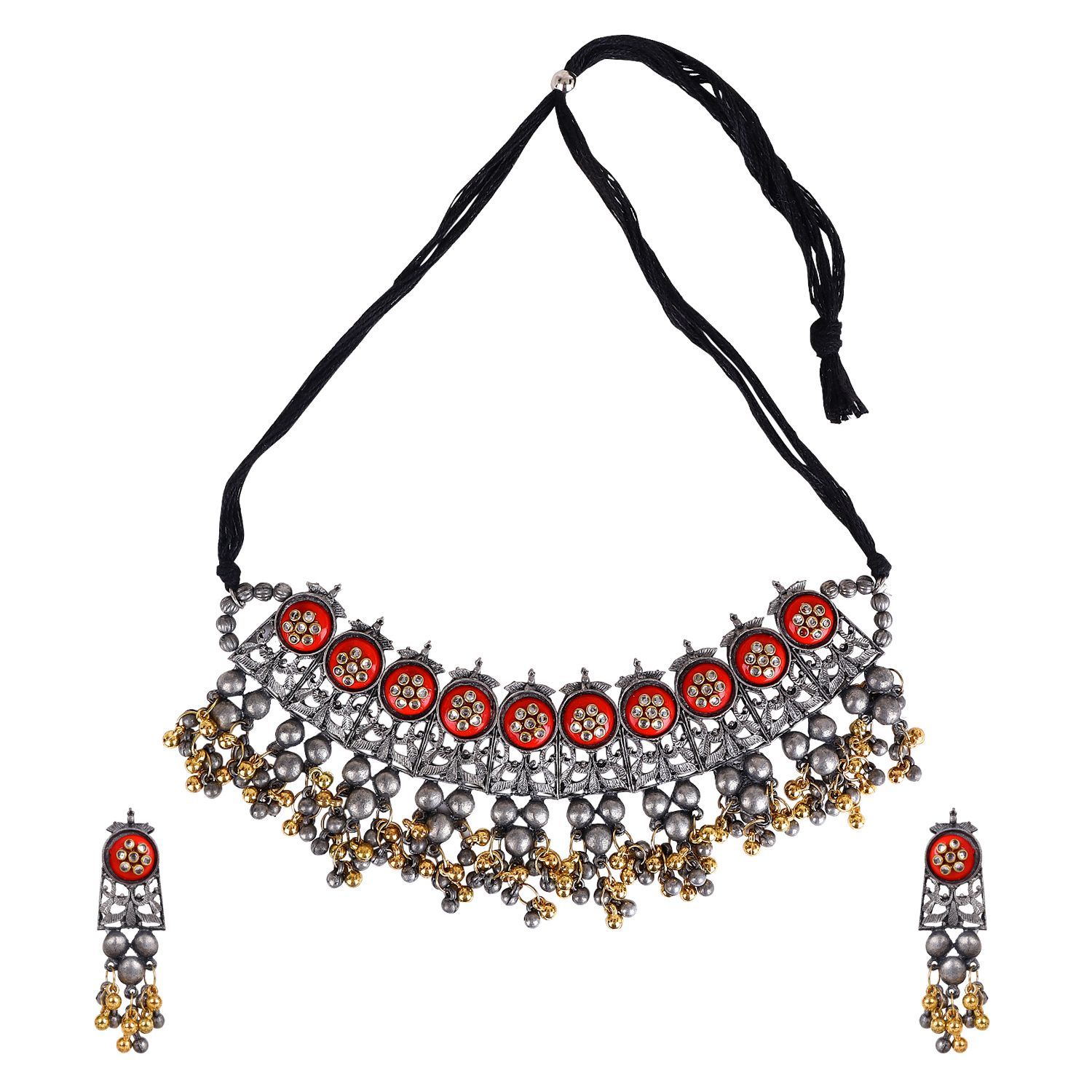 Cardinal Oxidized Silver Color REd Minakari Kundan Choker Necklace Set