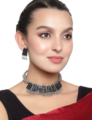 Cardinal Oxidized Silver Black Minakari Choker Necklace Set