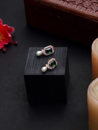 Rose Gold Plated American Diamond Green Stone Earrings