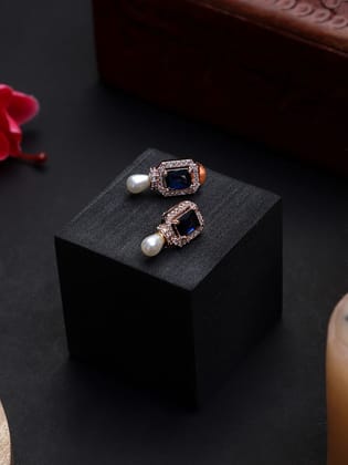 Rose Gold Polish Blu Stone American Diamond Earrings