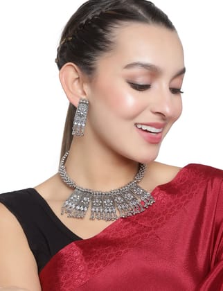 Cardinal Oxidized Silver Color White Stone Choker Necklace Set