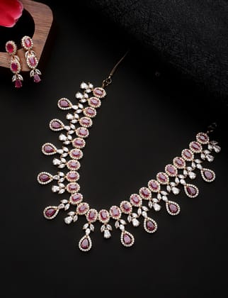 Cardinal American Diamond Gold Plated Ruby Color Stone Choker Necklace Set