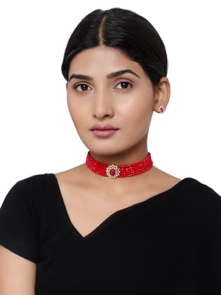 Cardinal Maroon Color American Diamond Multistring Choker Necklace Set