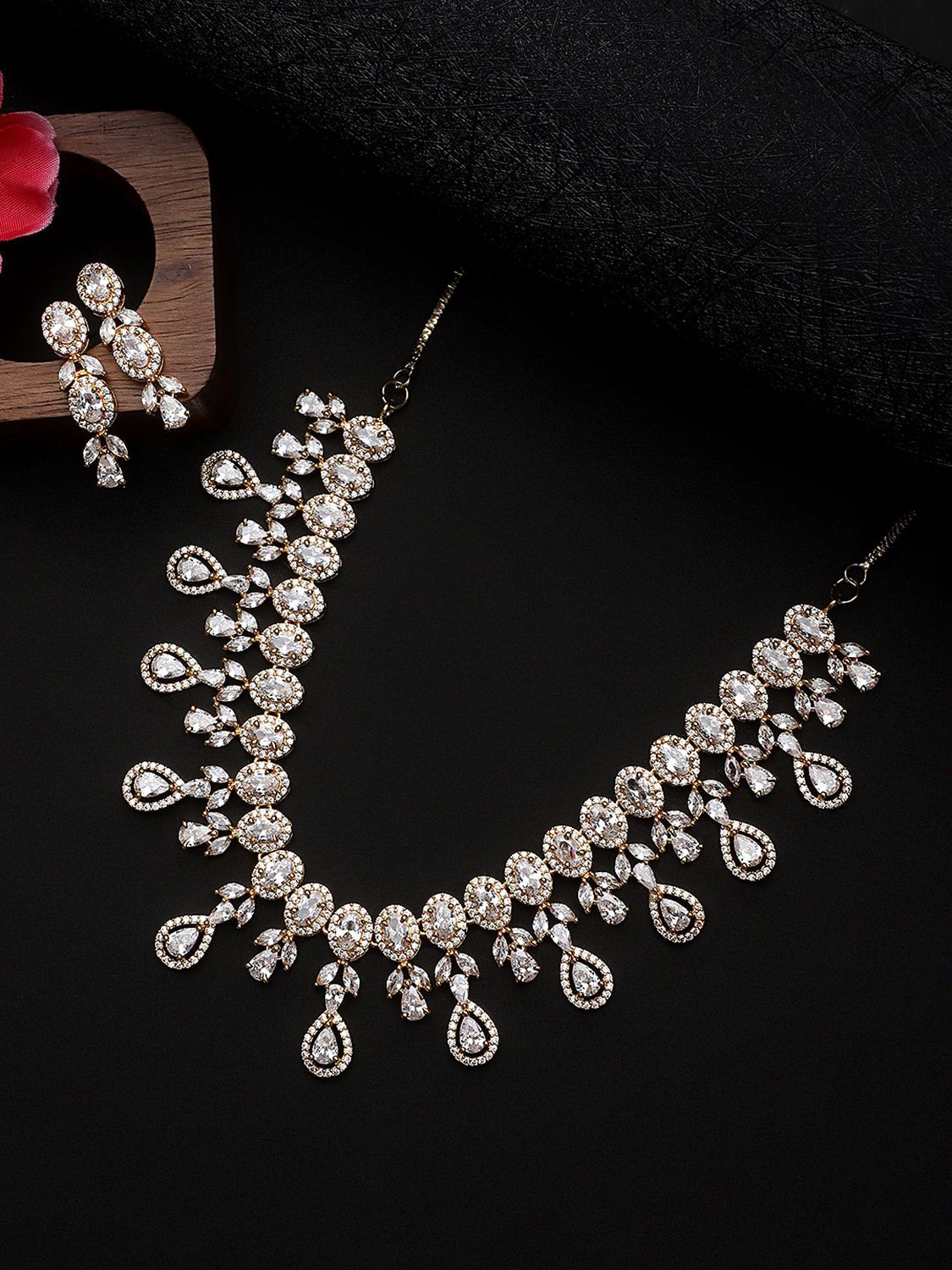 Cardinal Gold Plated White Stone American Diamond Necklace Set