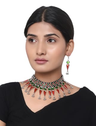 Cardinal Oxidized Silver Color Choker Multicolor Minakari Choker Necklace Set