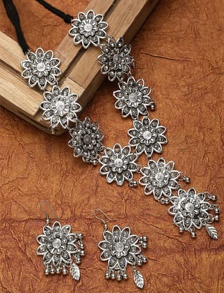 Cardinal Oxidized Silver Color Floral Necklace Set