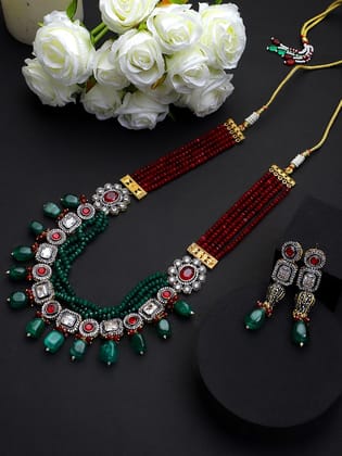 Cardinal Kundan Maroon & Green Color Multistring Long Necklace Set