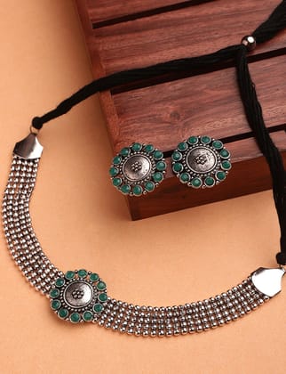 Cardinal Oxidized Silver Color Green Color Stone Choker Necklace Set