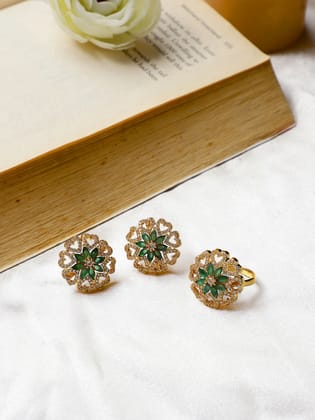 Cardinal American Diamond Gold Plated Green Color Ring & Earrings