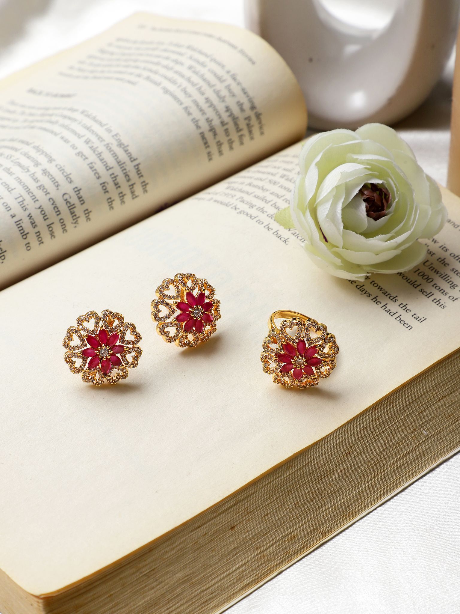 Cardinal American Diamond Maroon Color Gold Plated Ring & Earrings