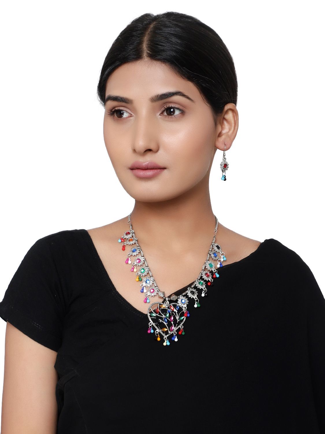 Cardinal Oxidized Silver Color Multicolor Necklace set