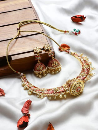 Cardinal Maroon Color Minakari Kundan Gold Plated Choker Necklace Set