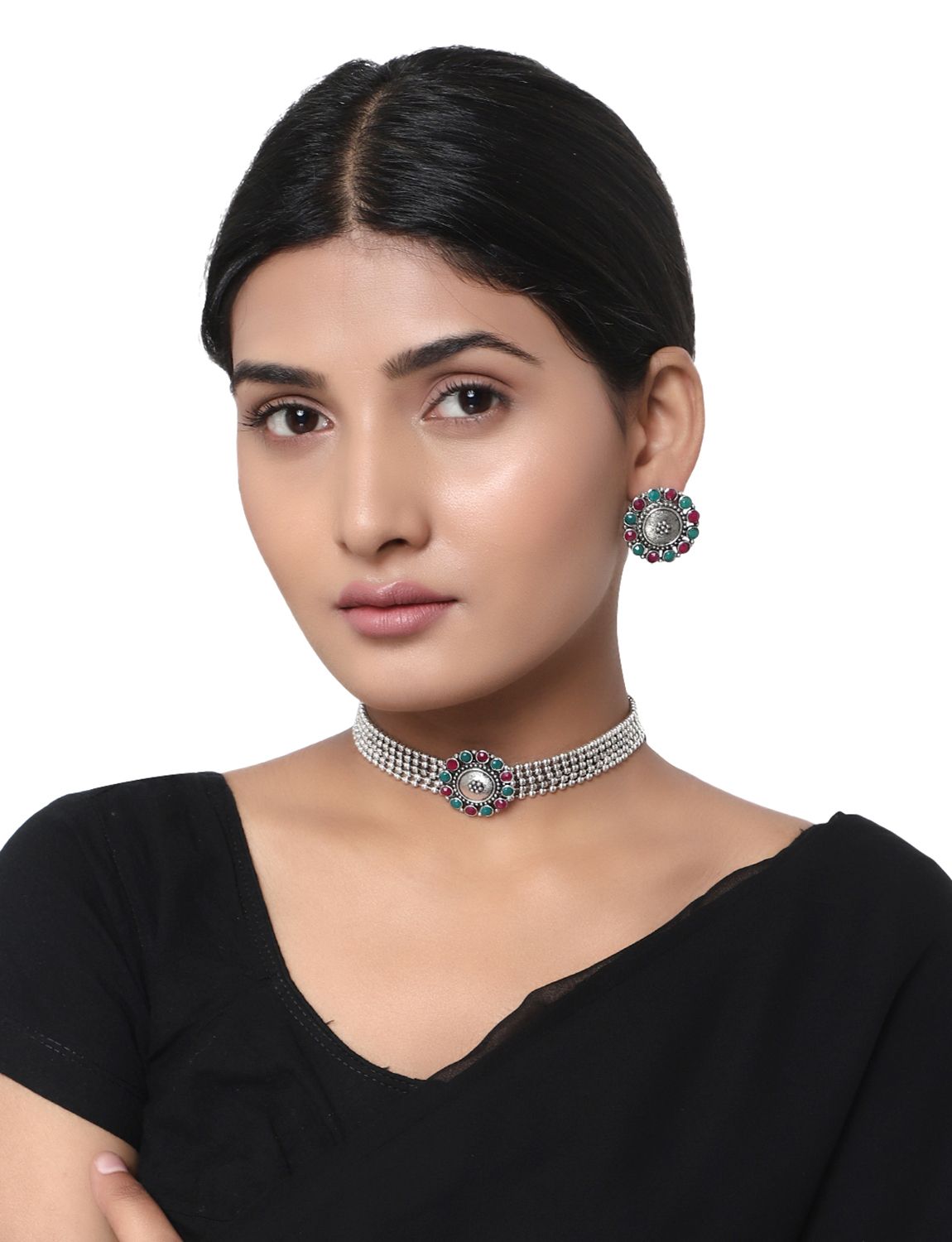 Cardinal Oxidized Black Stone Choker Silver Color Necklace Set