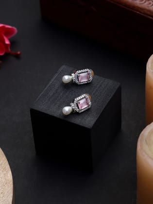 Pink Color Silver Polish American Diamond Earrings Set