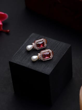 Red Stone American Diamond Rose Gold Plated Earrings