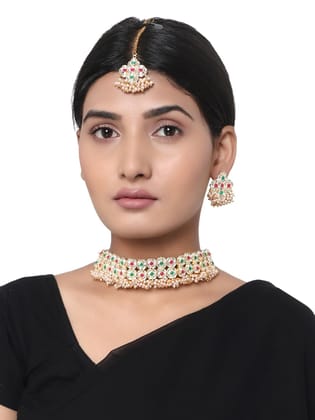 Cardinal Gold Plated Multicolor Stone Choker Necklace Set and Maang Tika