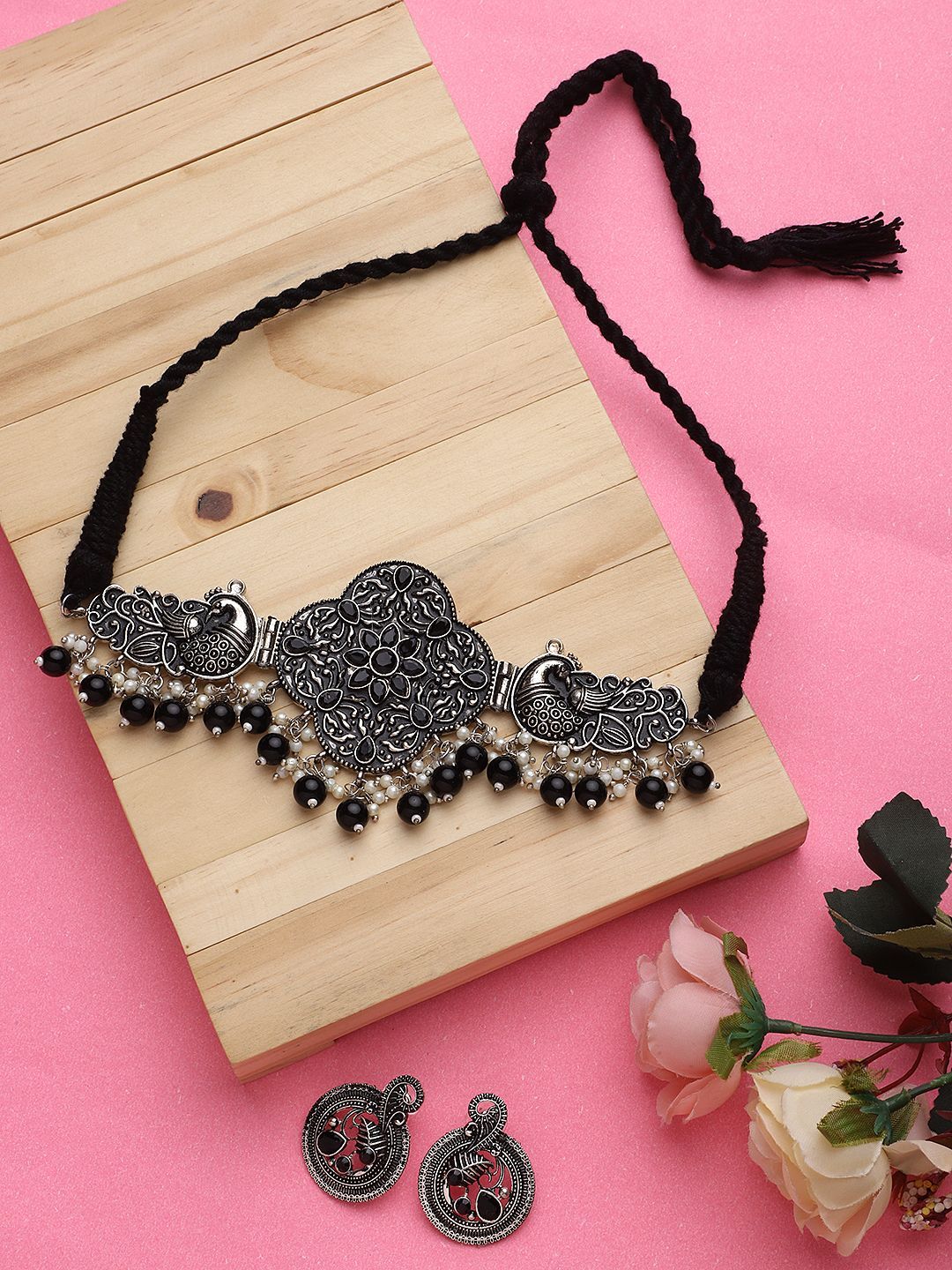 Cardinal Oxidized Silver Color Black Beads Choker Necklace Set
