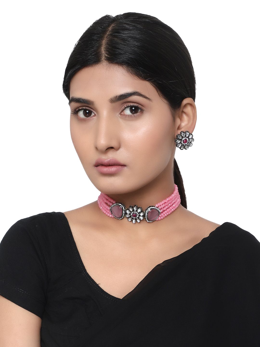 Cardinal Kundan Pink Multistring Onyx Choker Necklace Set