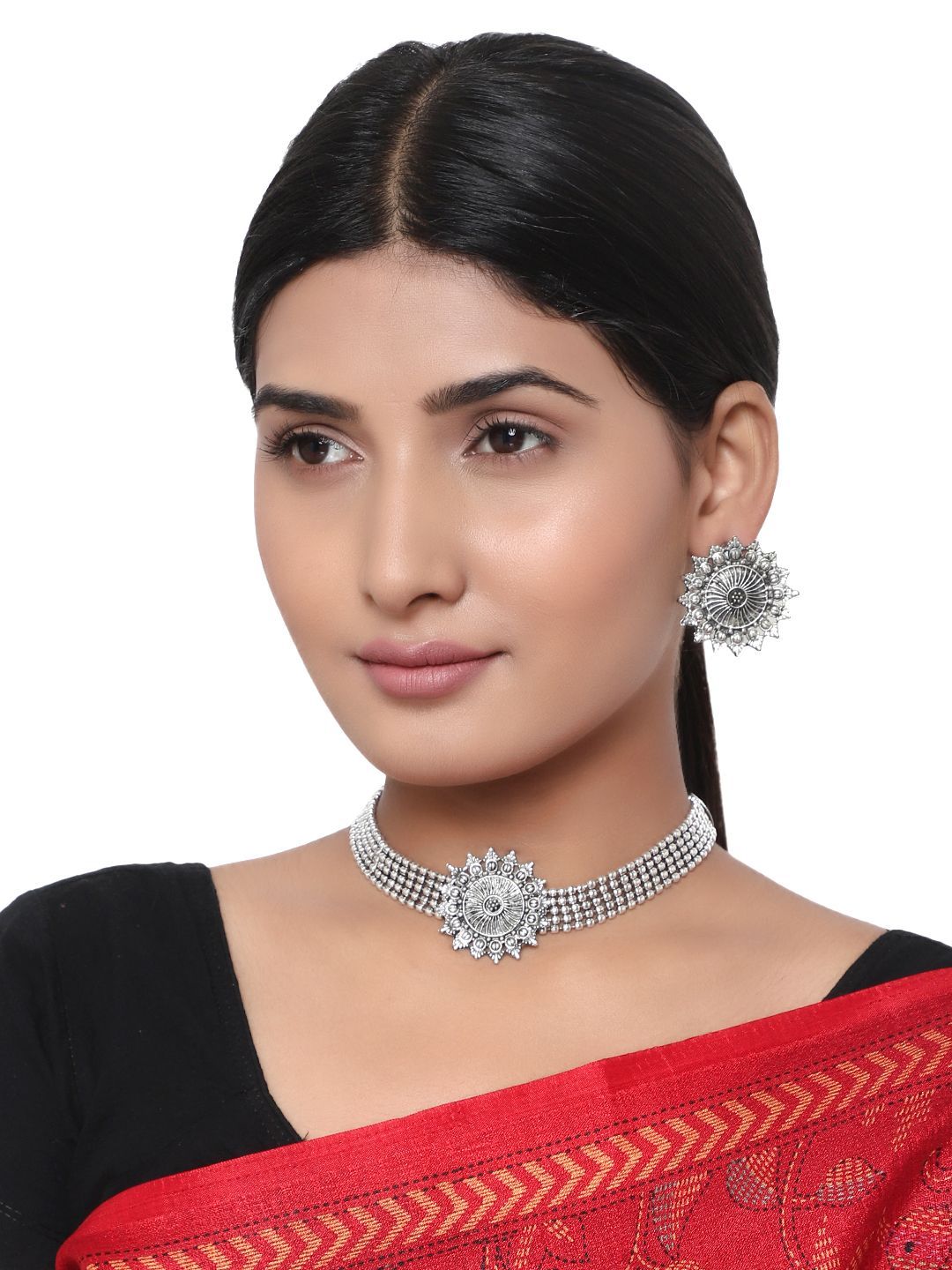 Cardinal Oxidized Silver Color Choker Necklace Set