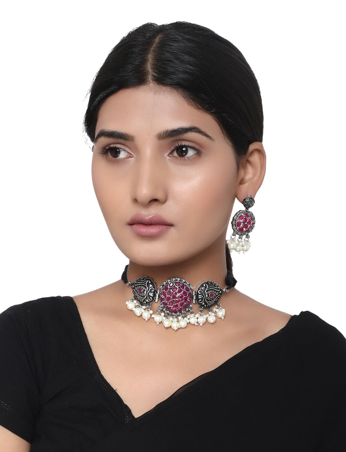 Cardinal Oxdized Silver Color Maroon Color Stone Moti Choker Necklace Set