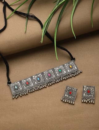 Cardinal Oxidized Silver Color Choker Necklace Set