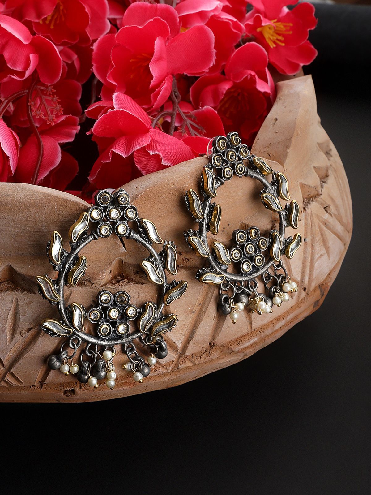 Cardinal Oxidized Gold & Metallic Color Kundan Jhumka Earrings