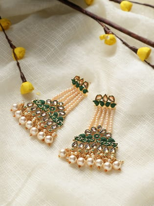 Cardinal Gold Color Moti Gold Plated Brass Green Minakari Earrings Set