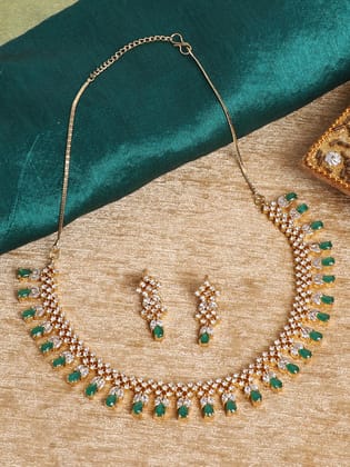 Cardinal Green Color Stone Gold Plated American Diamond Necklace Set