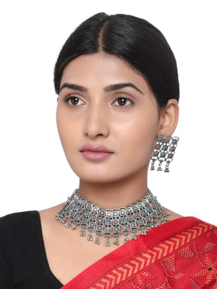 Cardinal Oxidized Metallic Color Kundan Choker Necklace Set