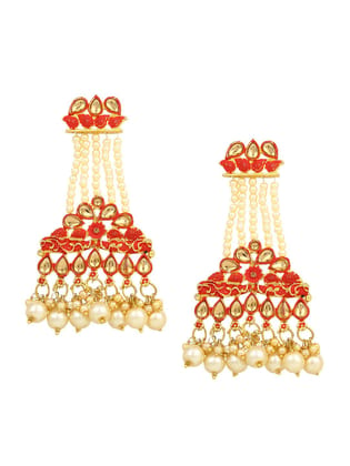 Cardinal Gold Color Moti Gold Plated Brass Red Minakari Earrings Set