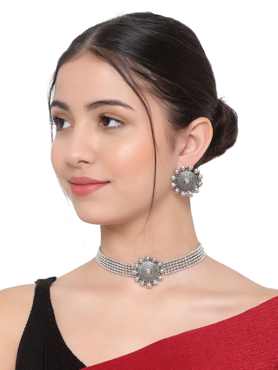 Cardinal Oxidized Silver Color Choker Necklace Set