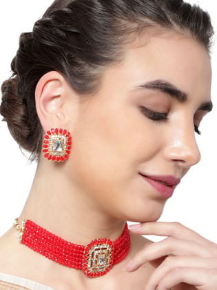 Cardinal Kundan Red Multistring Onyx Brass Choker Necklace Set