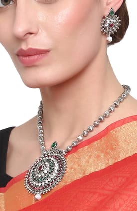 Cardinal Oxidized Multicolor Stone Silver Color Long Necklace Set