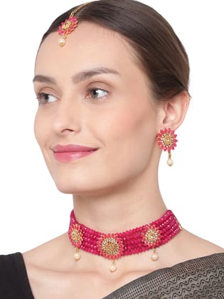 Cardinal Maroon Color Multistring Onyx Gold Plated Choker Necklace Set & Maang Tika