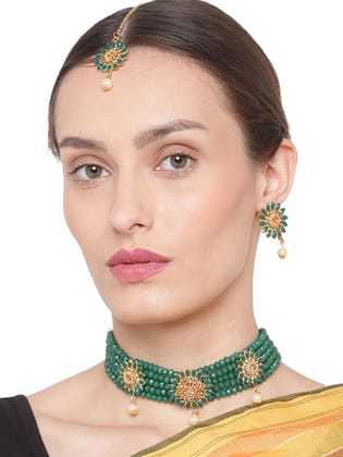 Cardinal Green Color Multistring Onyx  Gold Plated Brass Choker Necklace Set & Maang Tika