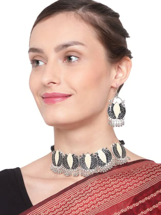 Cardinal Black & White Minakari Oxidized Silver Color Choker Necklace Set