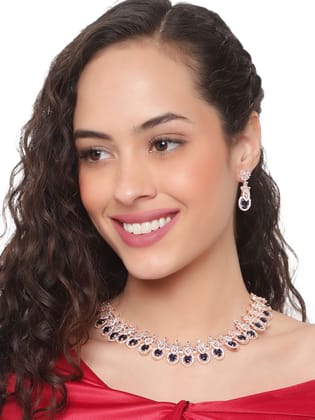 Cardinal American Diamond Rose Gold Plated Blue Stone Brass Necklace Set