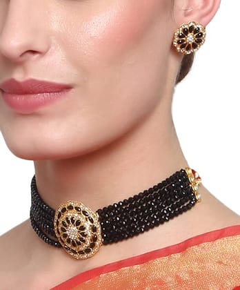 Cardinal American Diamond Black Onyx Gold Plated Brass Multistring Choker Necklace Set