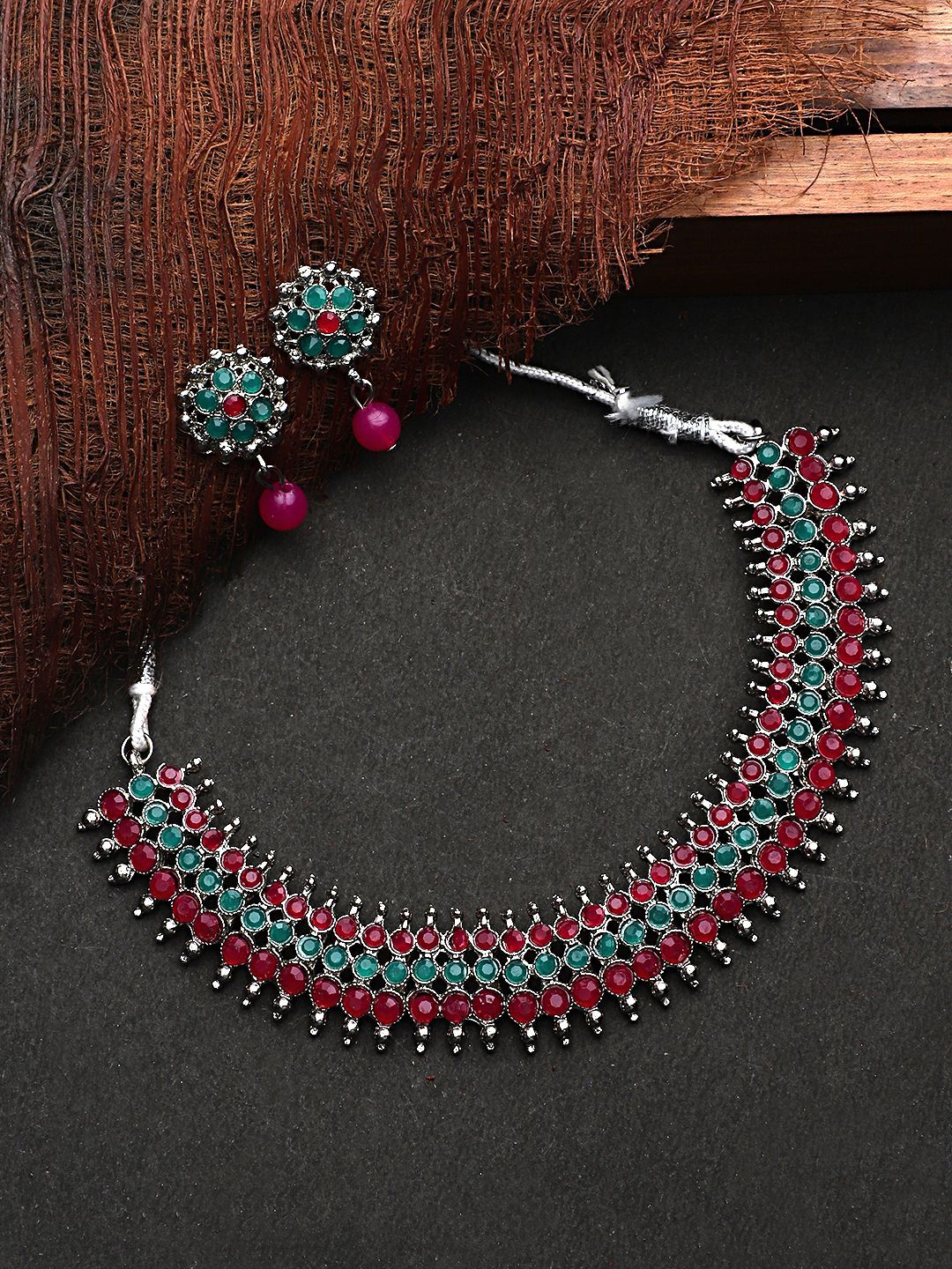 Cardinal Oxidized Silver Color Multicolor Stone Choker Necklace Set