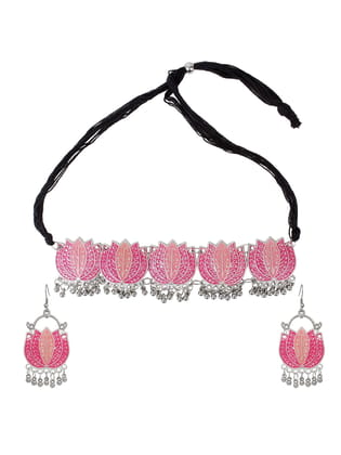 Cardinal Pink Color Lotus Design Minakari Oxidized Silver Choker Necklace Set