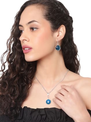 Cardinal Blue Stone Pendant & Earrings & Silver Color Chain