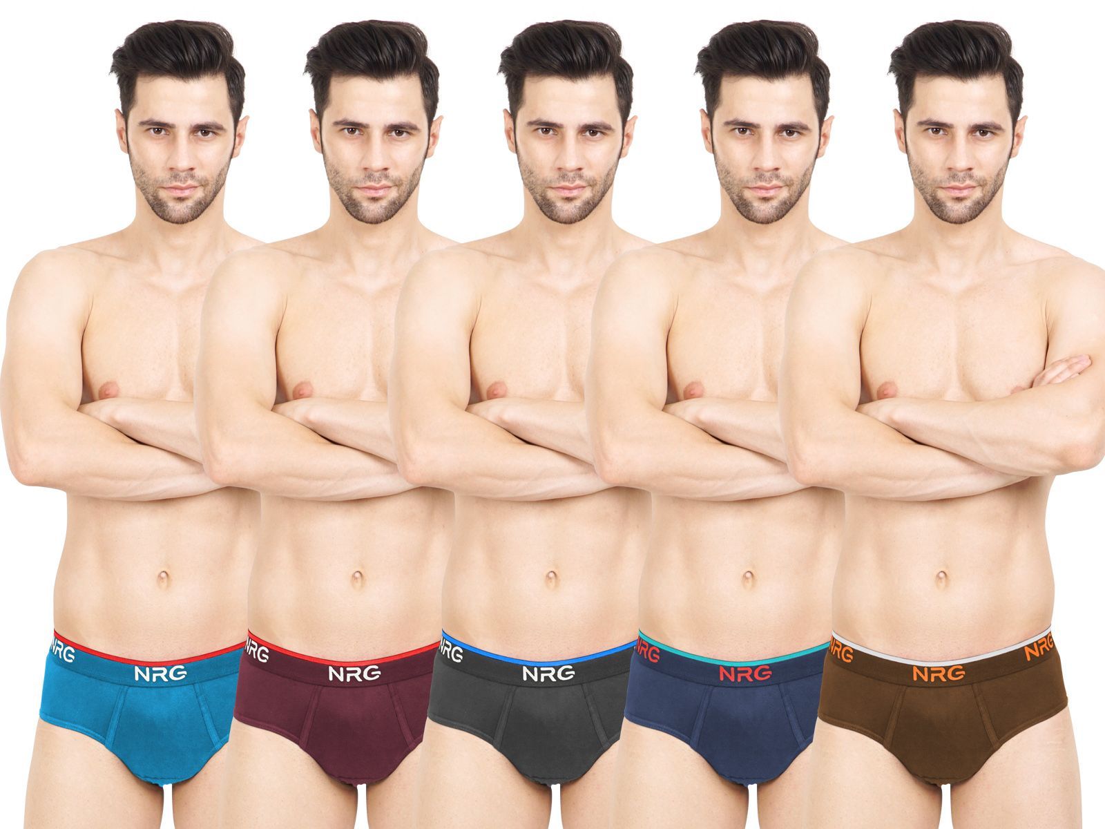 NRG Mens Cotton Assorted Colour Briefs  ( Pack of 5 Turquoise - Maroon - Coffee Brown - Navy Blue - Light Brown ) G02