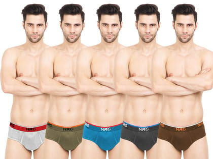 NRG Mens Cotton Assorted Colour Briefs  ( Pack of 5 Grey Melange - Dark Green - Turquoise - Coffee Brown - Light Brown ) G02