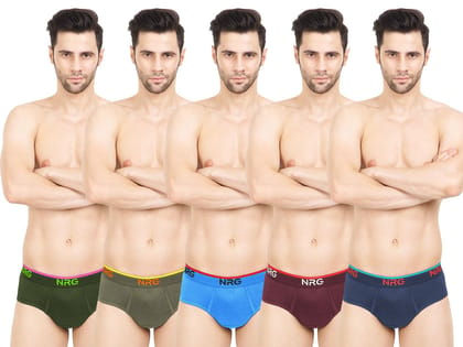 NRG Mens Cotton Assorted Colour Briefs  ( Pack of 5 Military Green - Dark Green - Light Blue - Maroon - Navy Blue ) G02