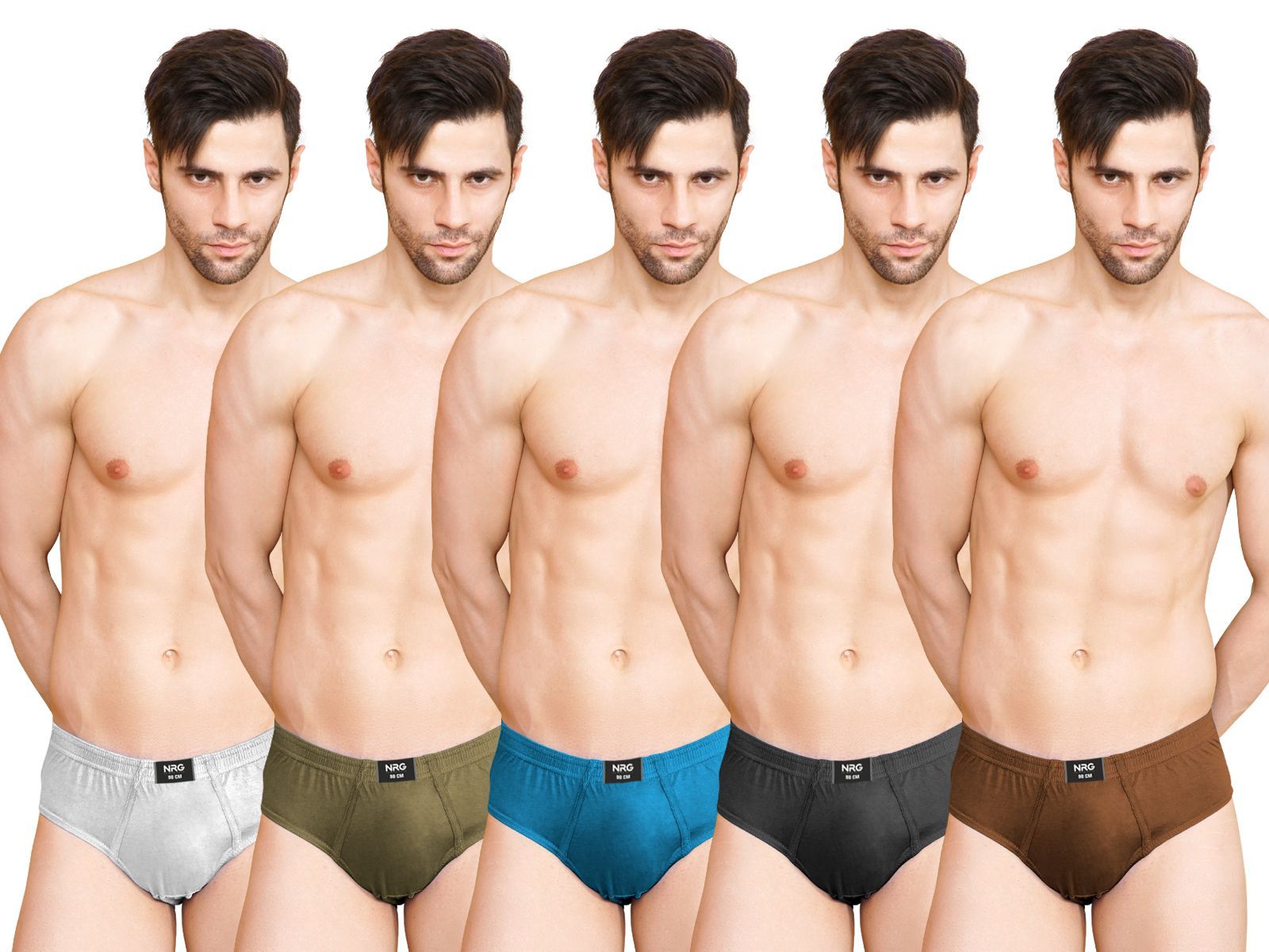 NRG Mens Cotton Assorted Colour Briefs  ( Pack of 5 Grey Melange - Dark Green -Turquoise - Coffee Brown - Light Brown  ) G01