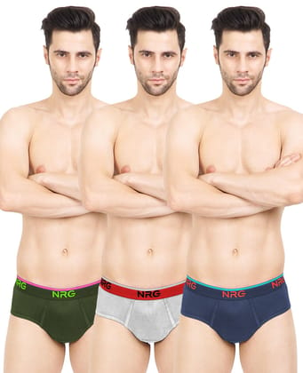 NRG Mens Cotton Assorted Colour Briefs  ( Pack of 3 Military Green - Grey Melange - Navy Blue ) G02
